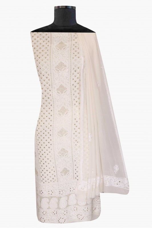 Ada Hand Embroidered White Pure Georgette Lucknowi Chikan Unstitched Kurta Dupatta With Muqaish Work–A560187
