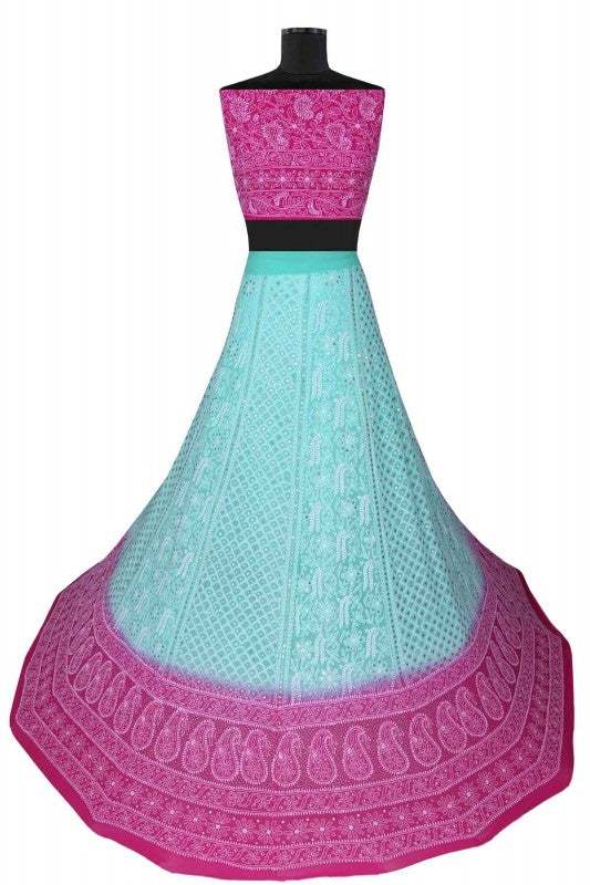 Ada Hand Embroidered Magenta/Sea Green Shaded Pure Georgette Lucknowi Chikankari Lehenga Set With Muqaish Work-A574888