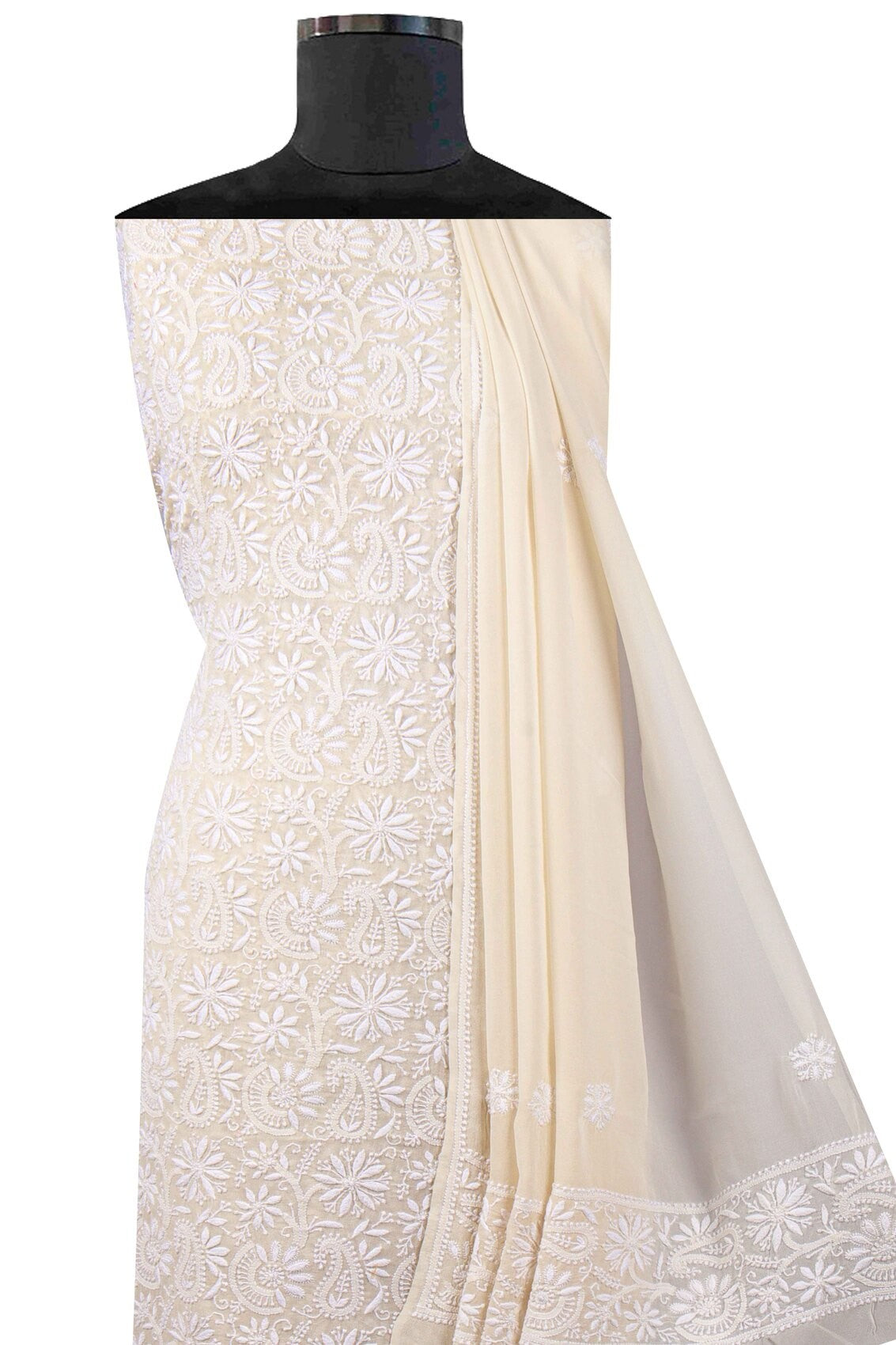 Ada Hand Embroidered Cream Pure Georgette Lucknowi Chikankari Unstitched Kurta Dupatta Set A70992