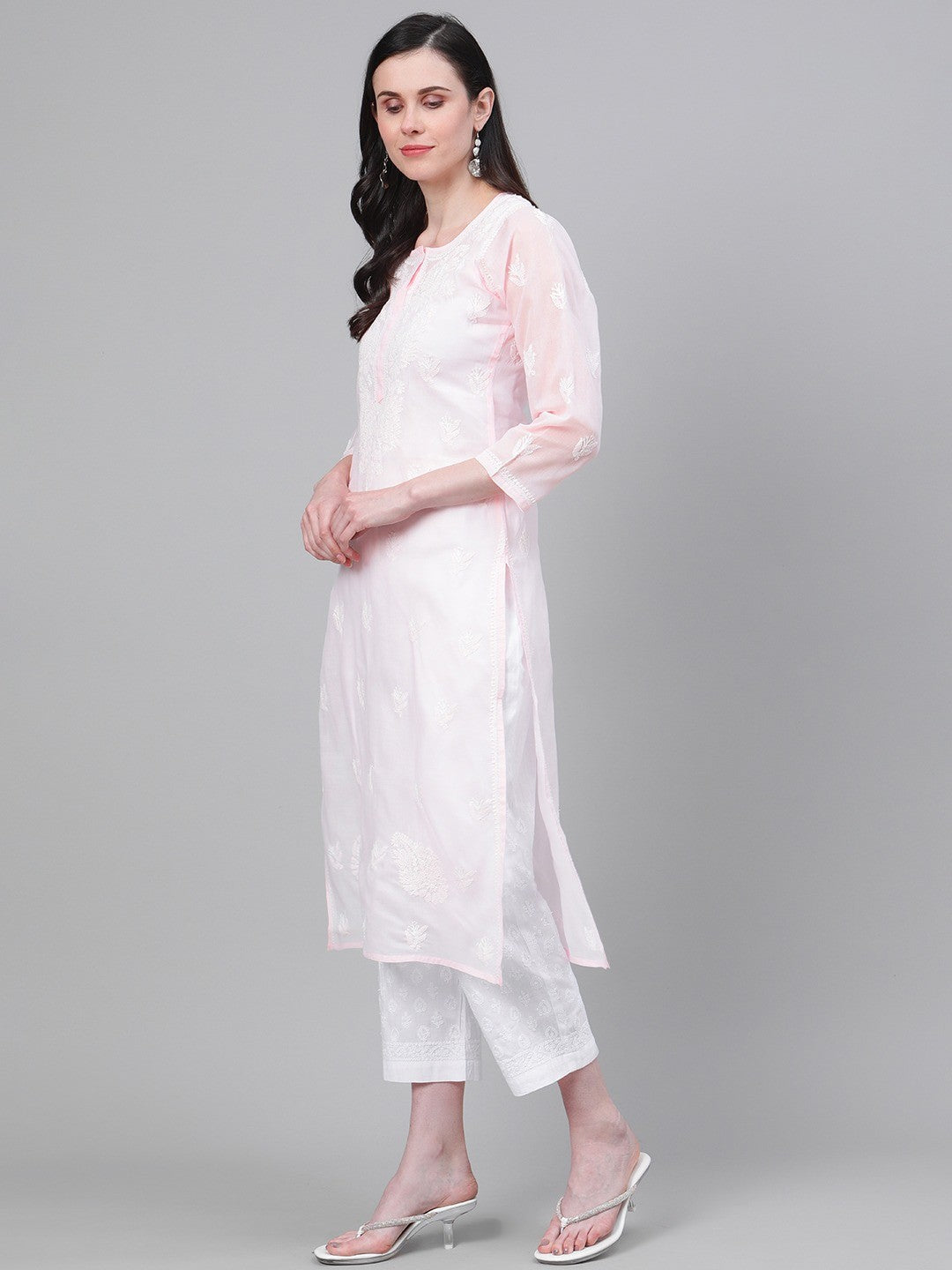 Ada Hand Embroidered Pink And White Cotton Lucknowi Chikankari Kurta with Palazzo A811155