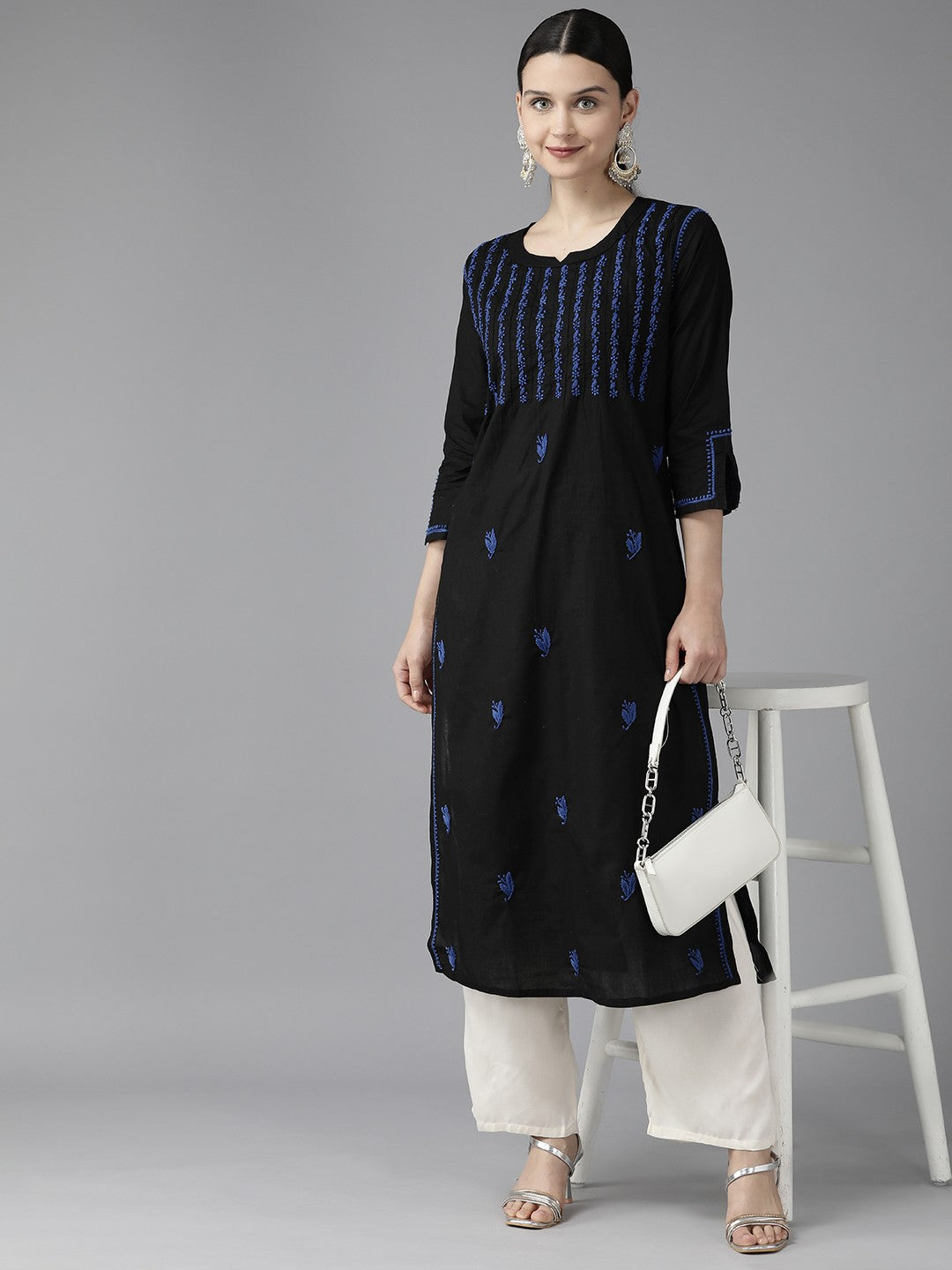 Ada Hand Embroidered Black Cotton Lucknowi Chikankari Straight Kurta A411421