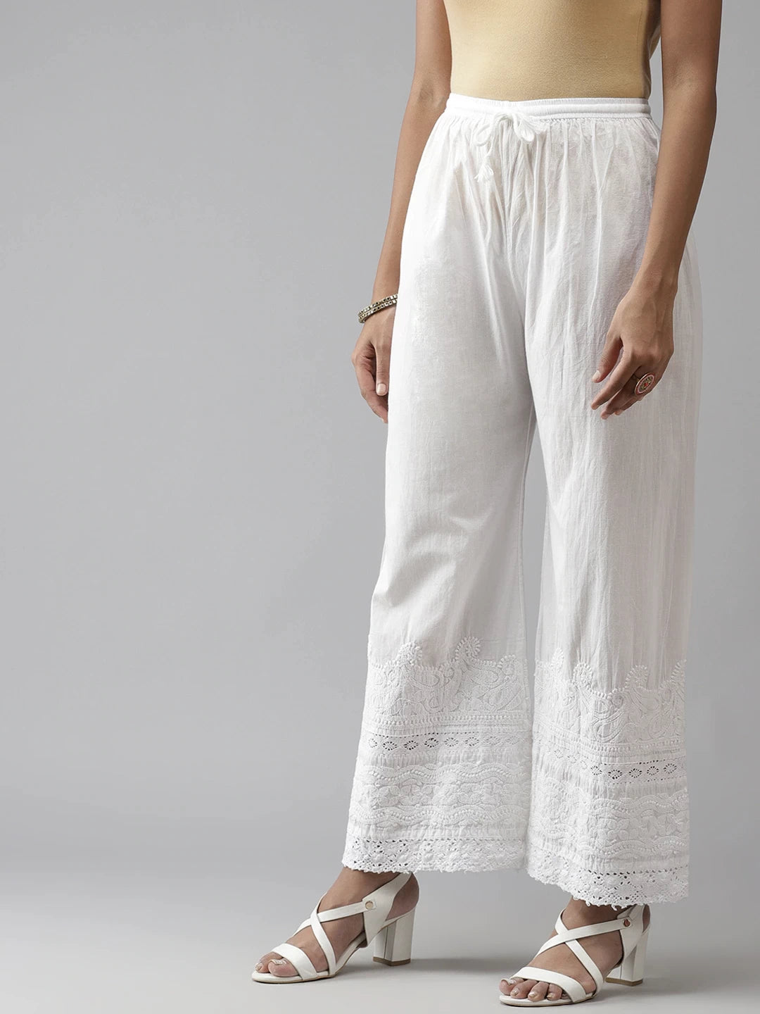 Ada Hand Embroidered White Cotton Lucknow Chikan Palazzo A711142