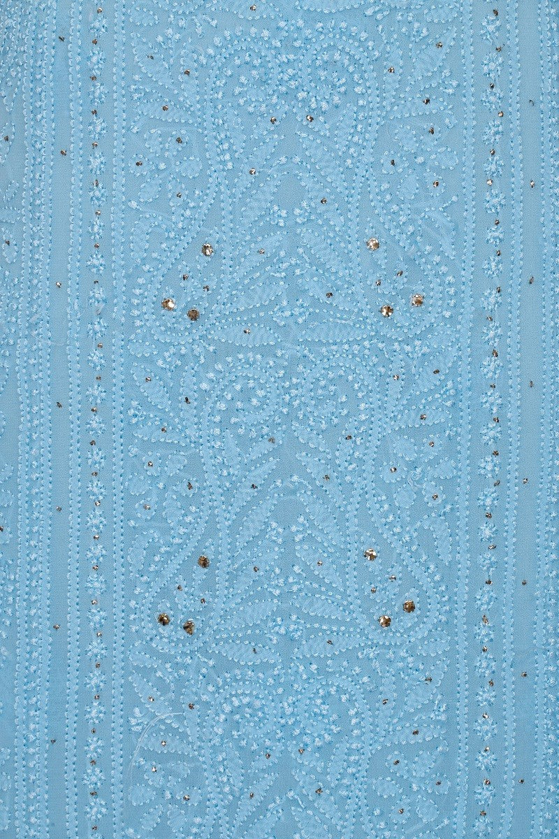 Ada Hand Embroidered Sky Blue Georgette Lucknowi Chikan Unstitched Kurta Dupatta with Muqaish Work A607173