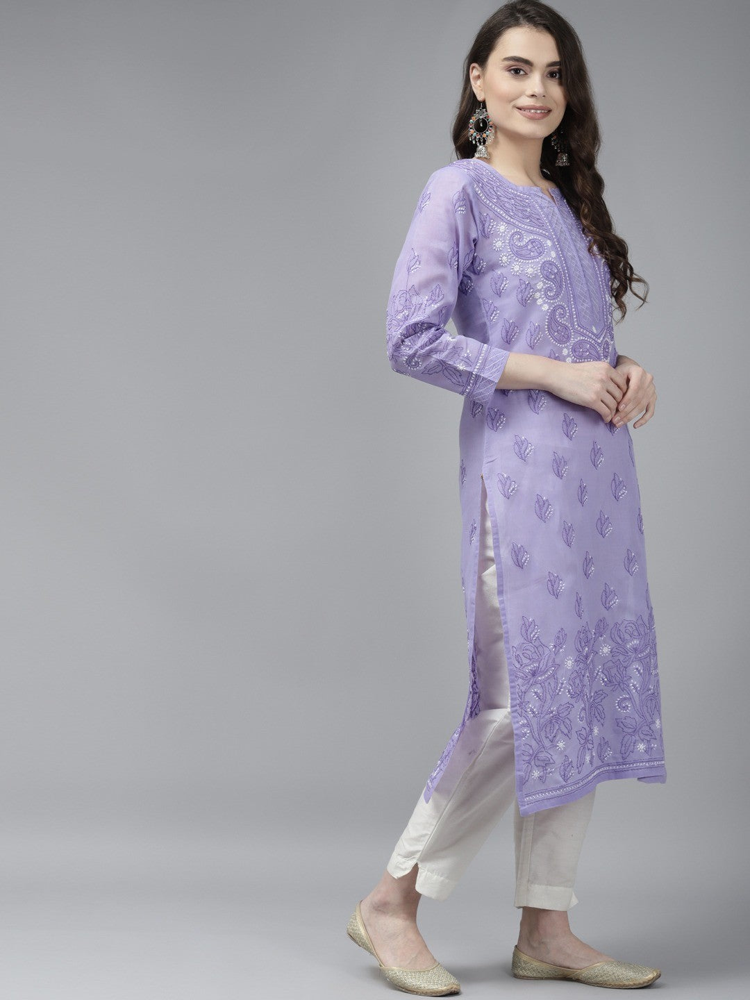 Ada Hand Embroidered Mauve Cotton Lucknowi Chikankari Straight Kurta A223893