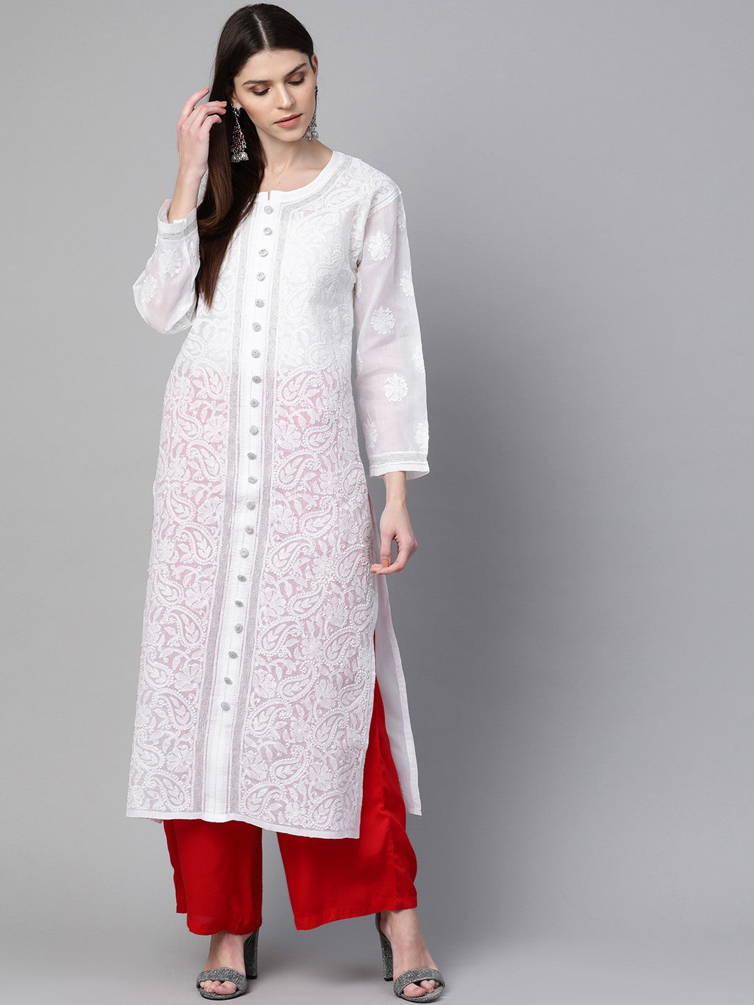 Ada Hand Embroidered White Cotton Lucknowi Chikankari Straight Kurta With Zari Work A345926