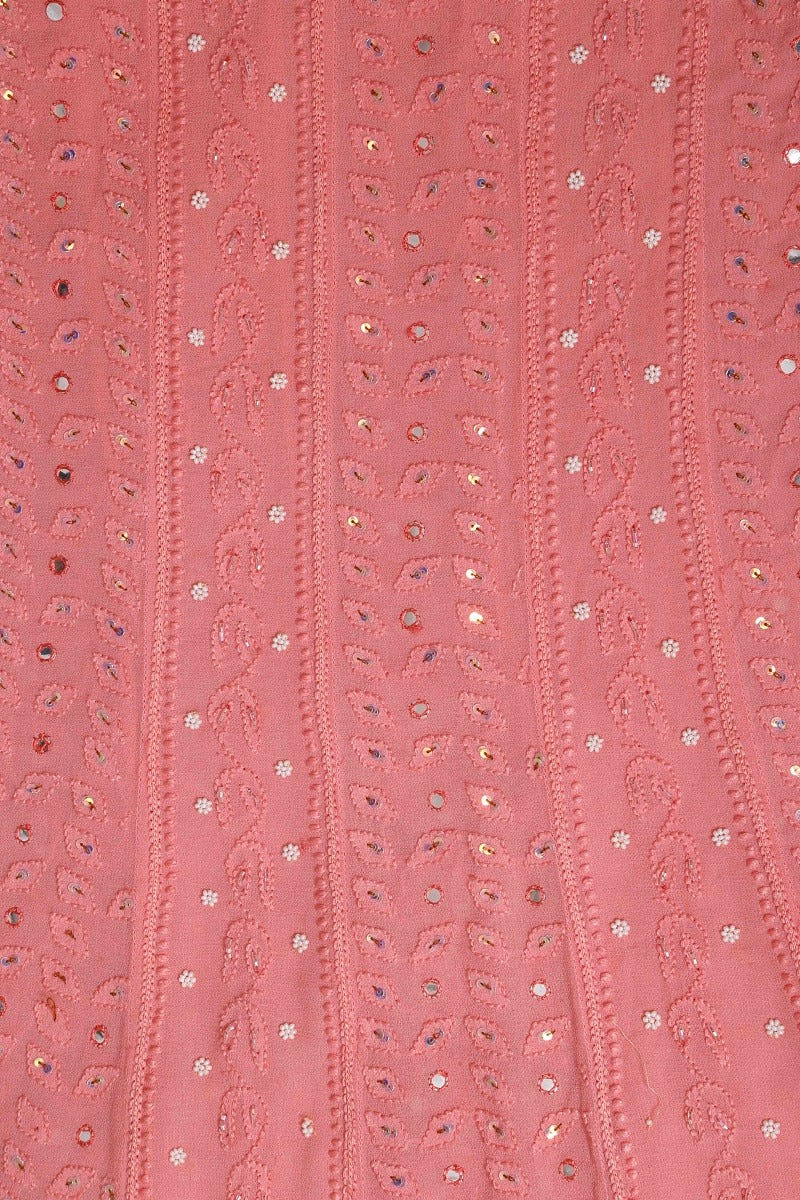 Ada Hand Embroidered Peach Georgette Lucknowi Chikan Semi-Stitched Anarkali Kurta Dupatta Set With Sequinned Work A595401