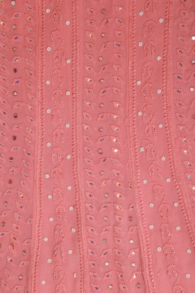 Ada Hand Embroidered Peach Georgette Lucknowi Chikan Semi-Stitched Anarkali Kurta Dupatta Set With Sequinned Work A595401