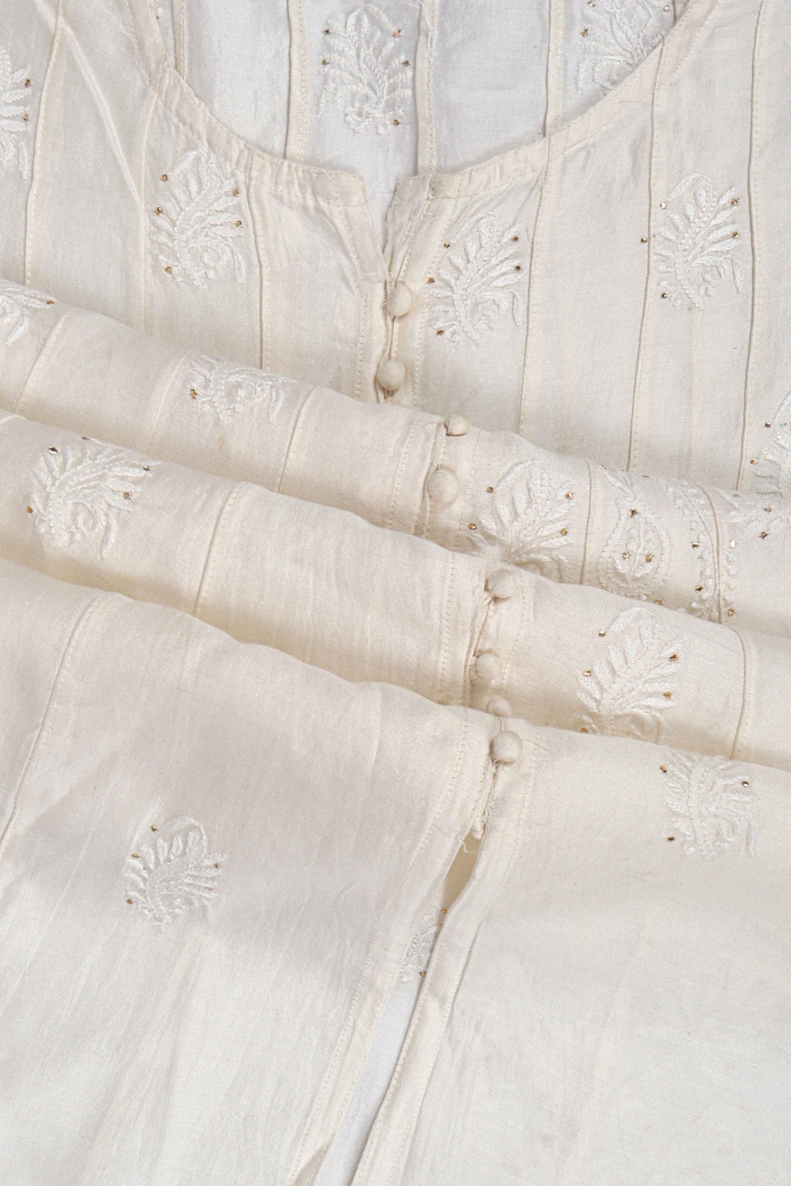 Ada Hand Embroidered Cream Chanderi Lucknowi Chikankari Semi-stitched Anarkali Kurta Piece With Muqaish Work A601074