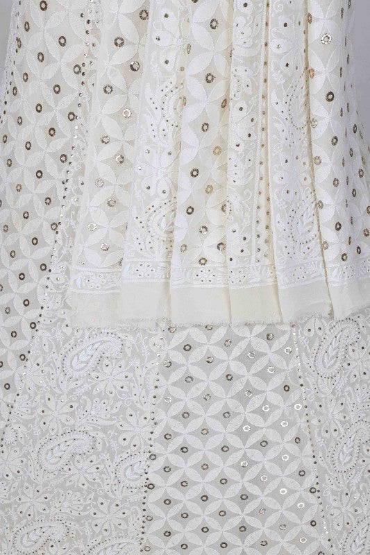 Ada Hand Embroidered Off White Pure Georgette Lucknowi Chikankari Lehenga Set With Muqaish Work– A578277