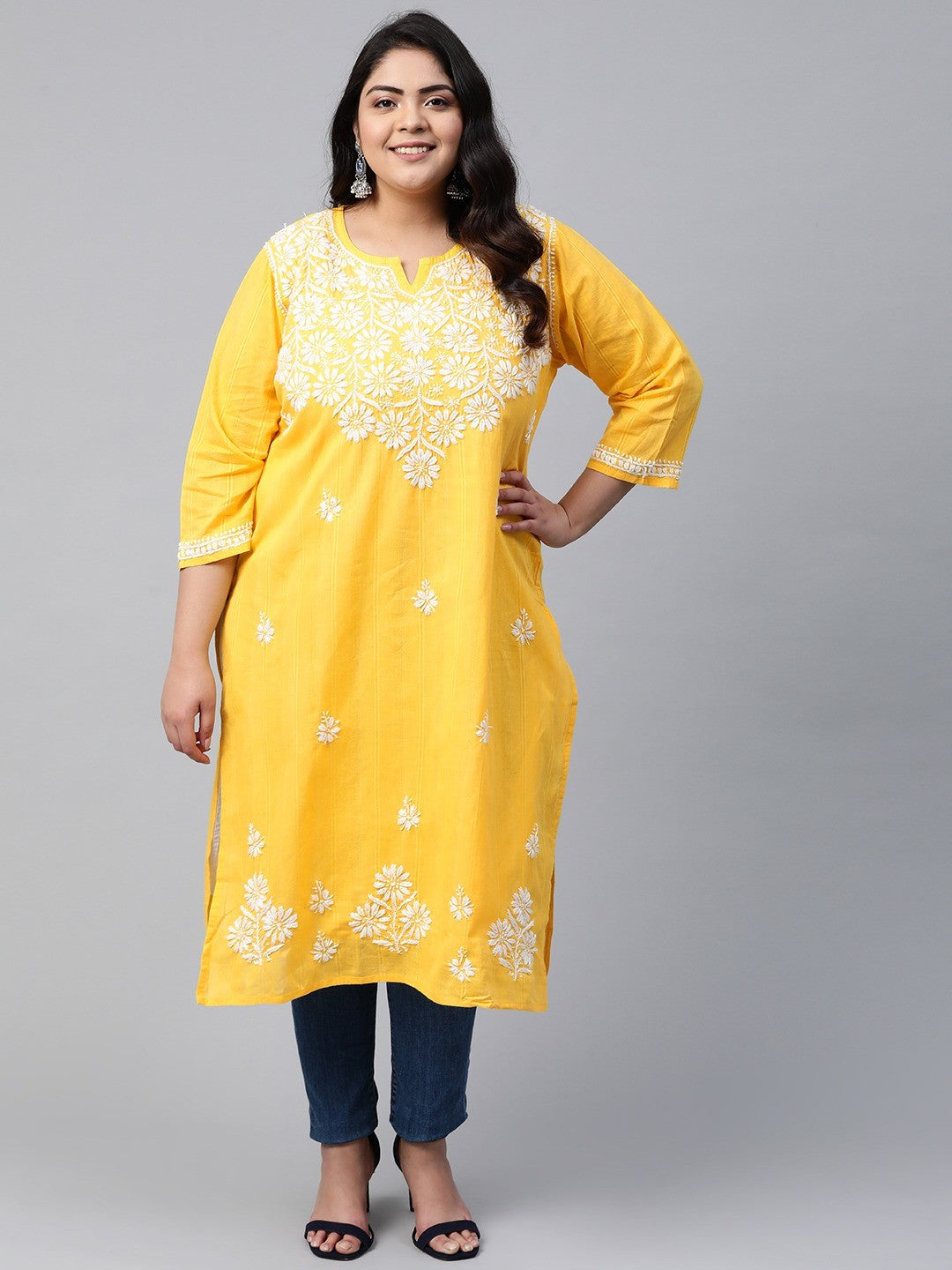 Ada Hand Embroidered Yellow Cotton Lucknow Chikankari Kurta A411166