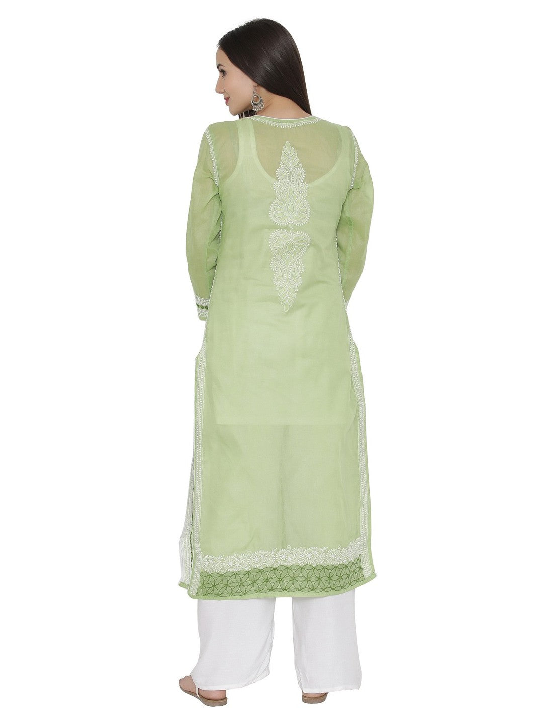 Ada Hand Embroidered Green Cotton Lucknowi Chikankari Straight Kurta A259321