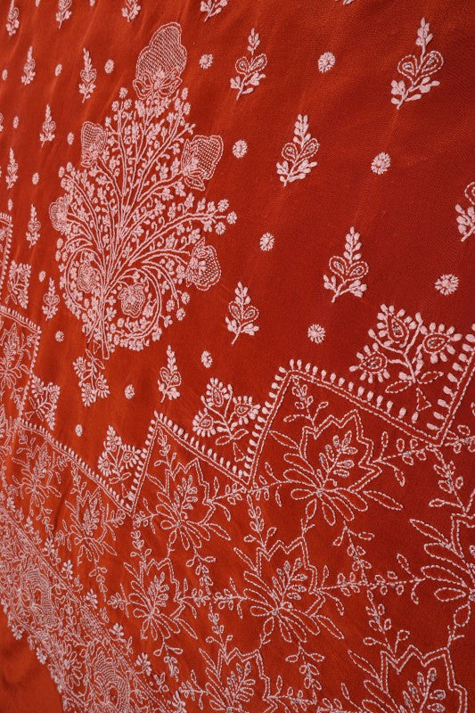 Ada Hand Embroidered Rust Silk Lucknowi Chikankari Saree/Blouse With Cutdana Work A173769