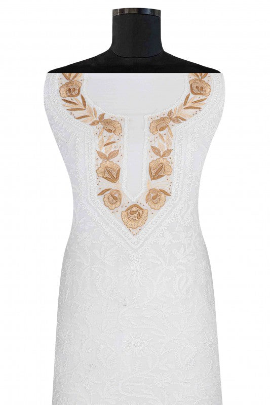 Ada Hand Embroidered White Georgette Lucknowi Chikan Unstitched Kurta Piece With Pearl Work A474897
