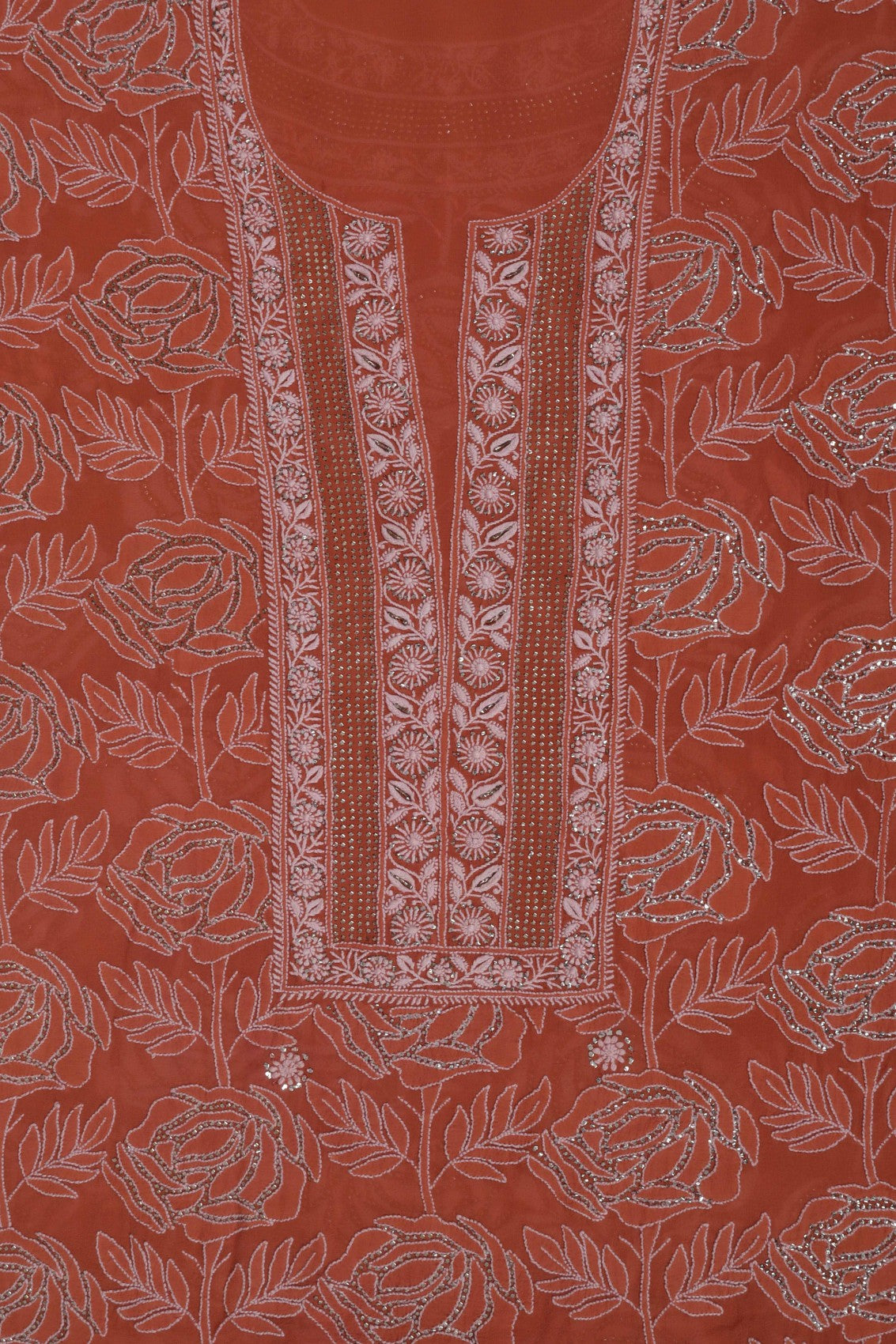Ada Hand Embroidered Rust Pure Georgette Lucknowi Chikankari Unstitched Suit Piece With Muqaish Work A561330