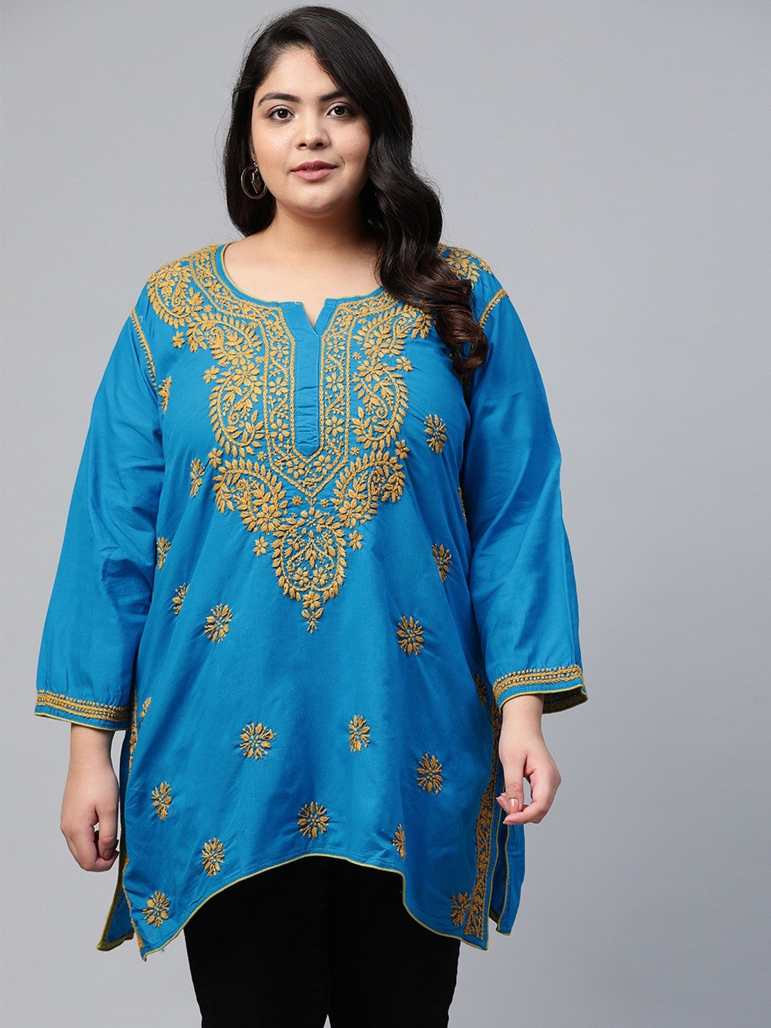 Ada Hand Embroidered Blue Cotton Lucknowi Chikankari Straight Kurti A250542