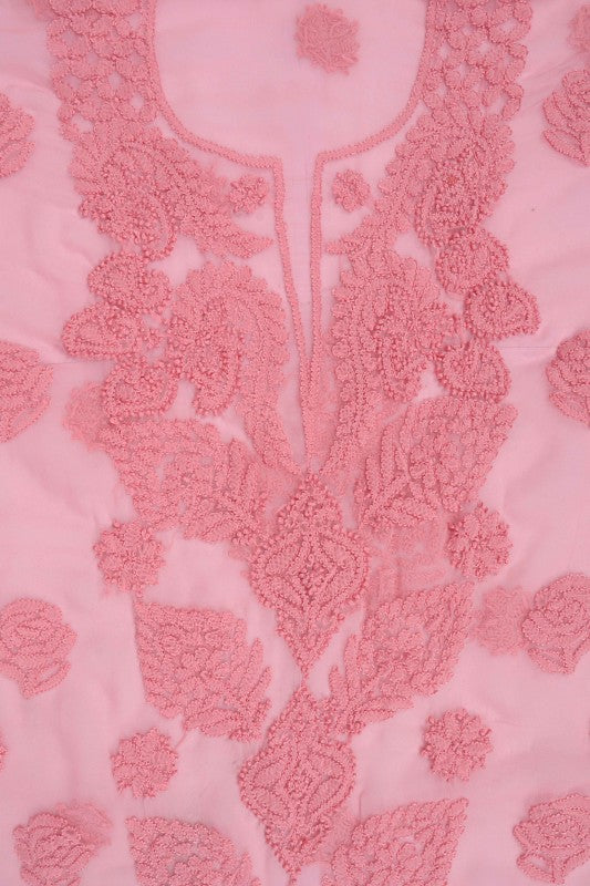 Ada Hand Embroidered Peach Georgette Lucknowi Chikan Unstitched Suit Piece A211219