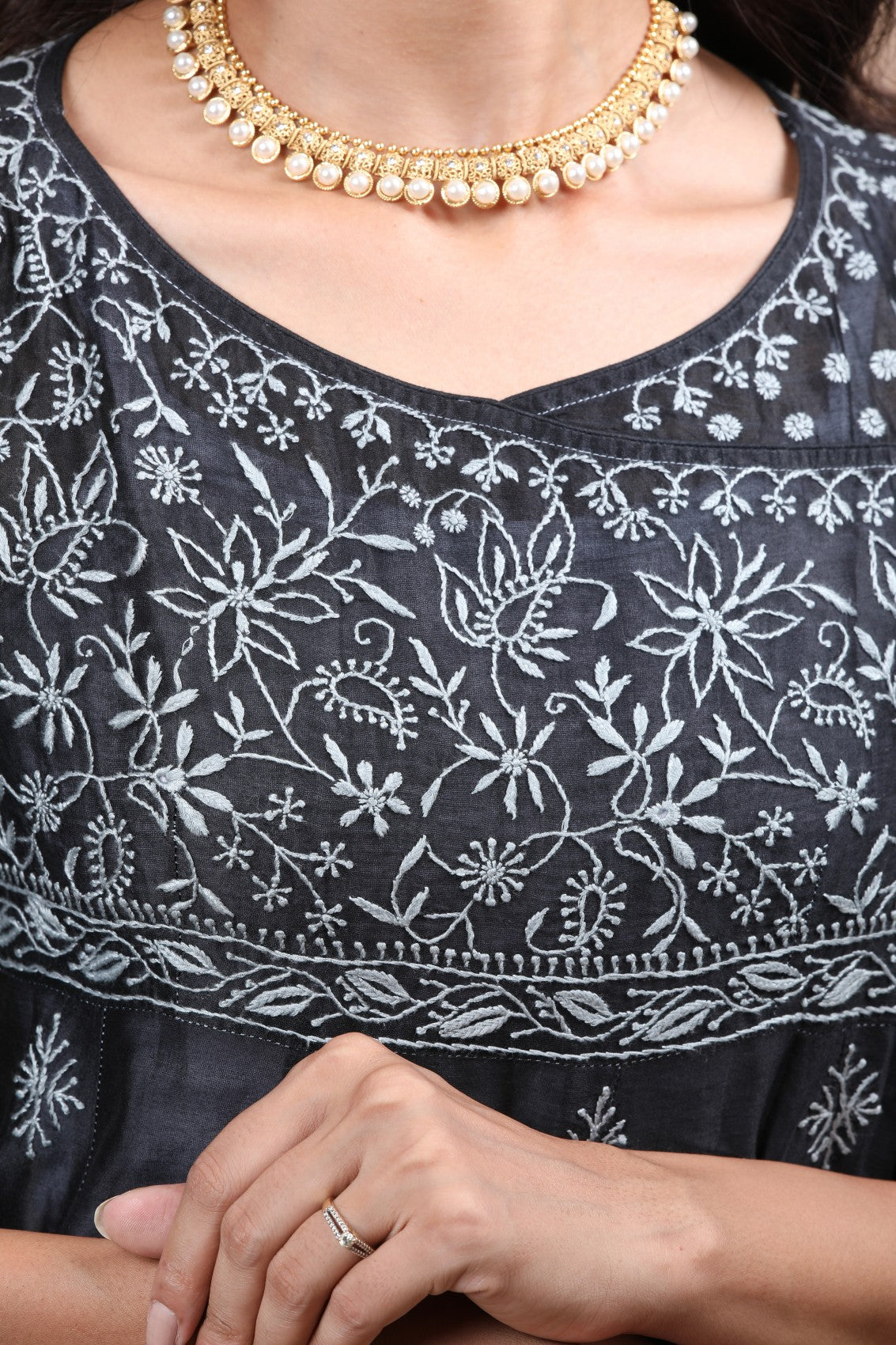 Ada Hand Embroidered Black Chanderi Lucknowi Chikankari Semi-Stitched Anarkali Kurta Dupatta Set 01A213946