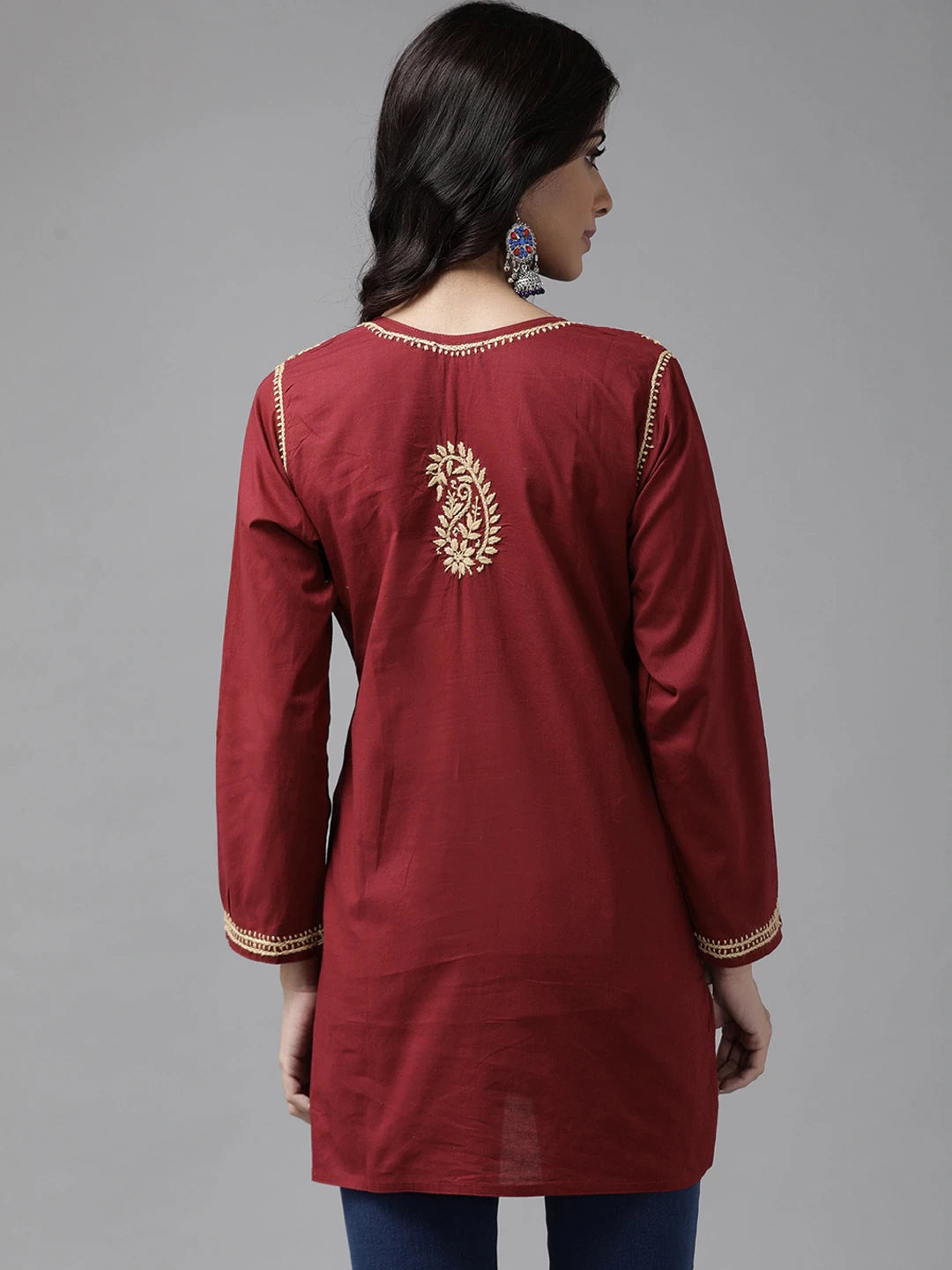 Ada Hand Embroidered Maroon Cotton Lucknowi Chikan Short Kurti A250481