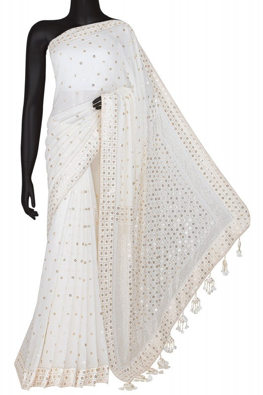 Ada Hand Embroidered White Pure Georgette Lucknowi Chikankari Saree /Blouse With Muqaish Work- A621525