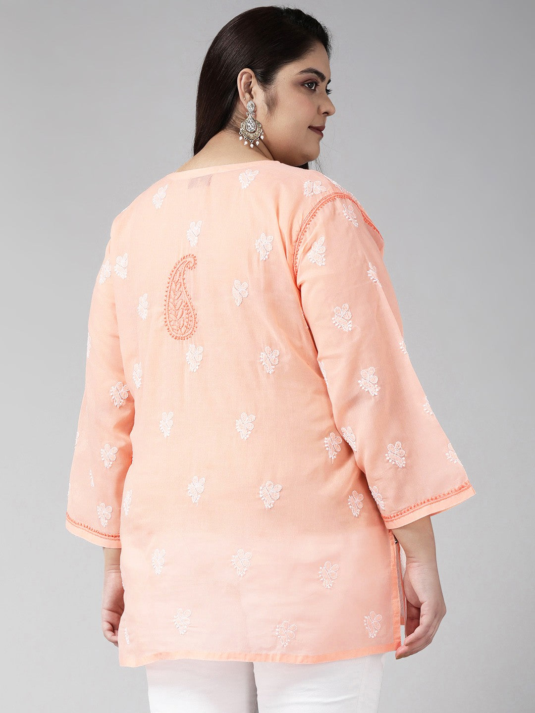 Ada Hand Embroidered Peach Cotton Lucknowi Chikankari Short Kurti A273726