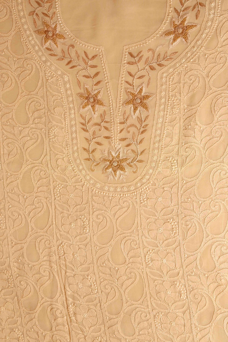 Ada Hand Embroidered Fawn Georgette Lucknowi Chikan Unstitched Kurta Piece-A370783
