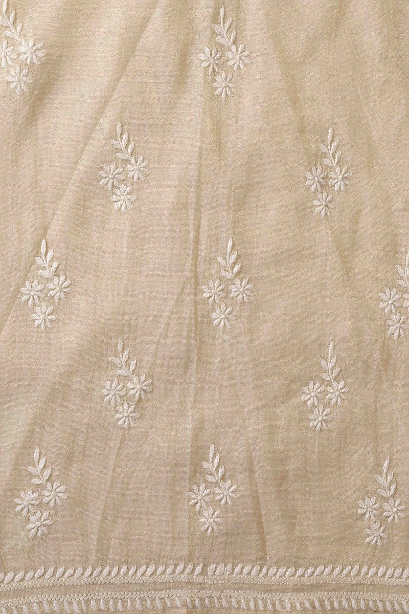 Ada Hand Embroidered Natural Fawn Tissue Lucknowi Chikankari Semi-Stitched Kurta Piece With Muqaish Work A597262