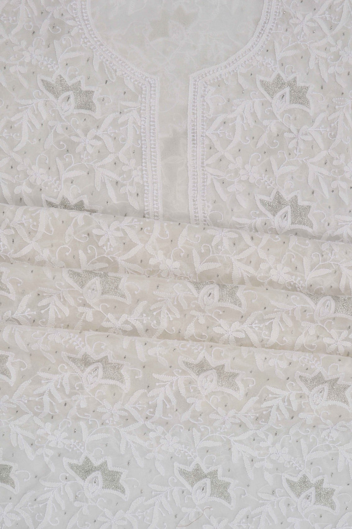 Ada Hand Embroidered Off White Pure Georgette Unstitched Kurta Dupatta Set With Zari Work 01A170073