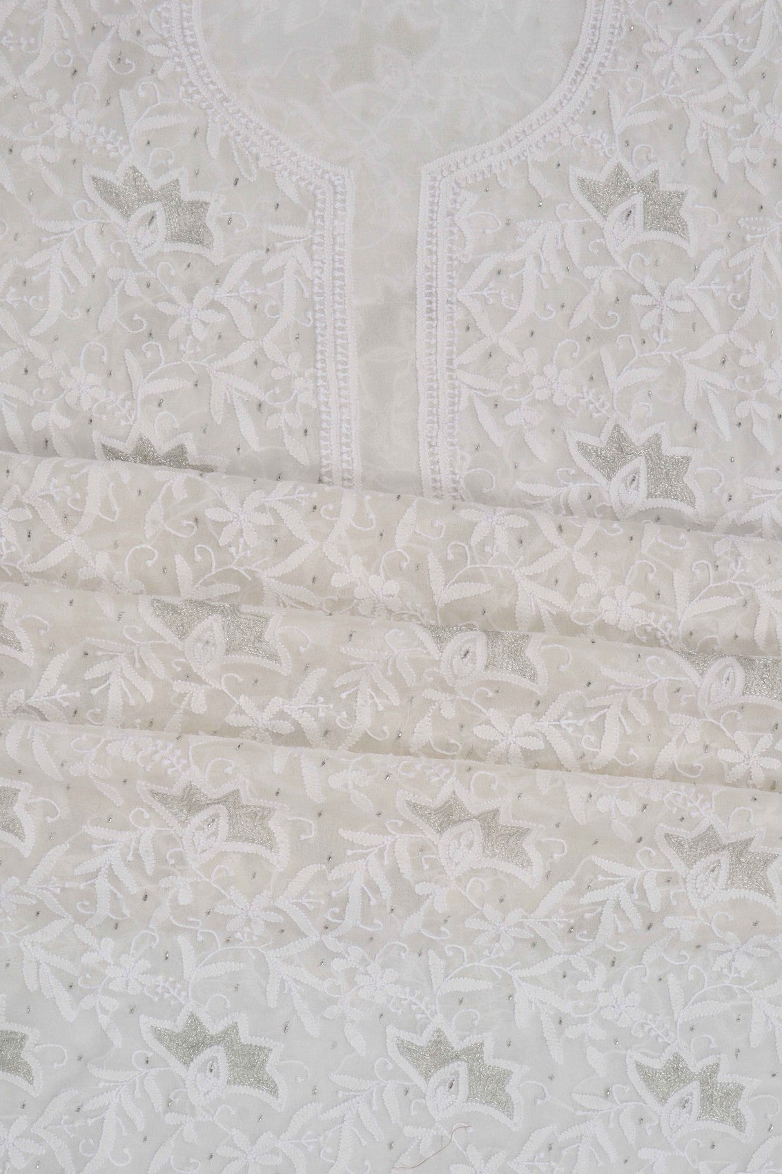 Ada Hand Embroidered Off White Pure Georgette Unstitched Kurta Dupatta Set With Zari Work 01A170073
