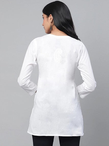 Ada Hand Embroidered White Cotton Lucknowi Chikankari Short Kurti A359765