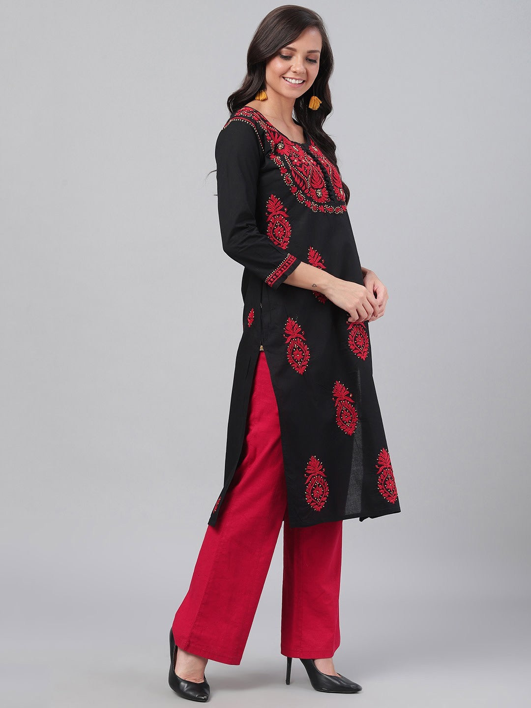 Ada Hand Embroidered Black Cotton Lucknowi Chikankari Straight Kurta A373637