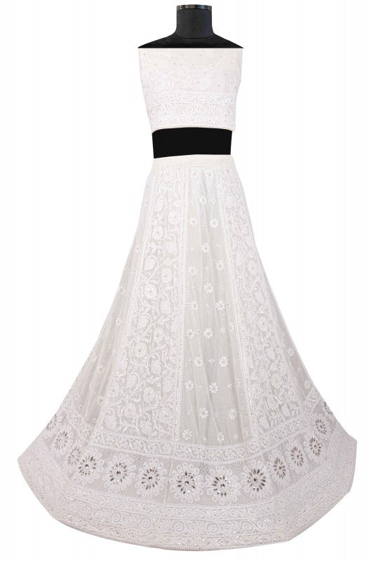Ada Hand Embroidered White Georgette Lucknowi Chikankari Lehenga Set with Pearl Work A74224