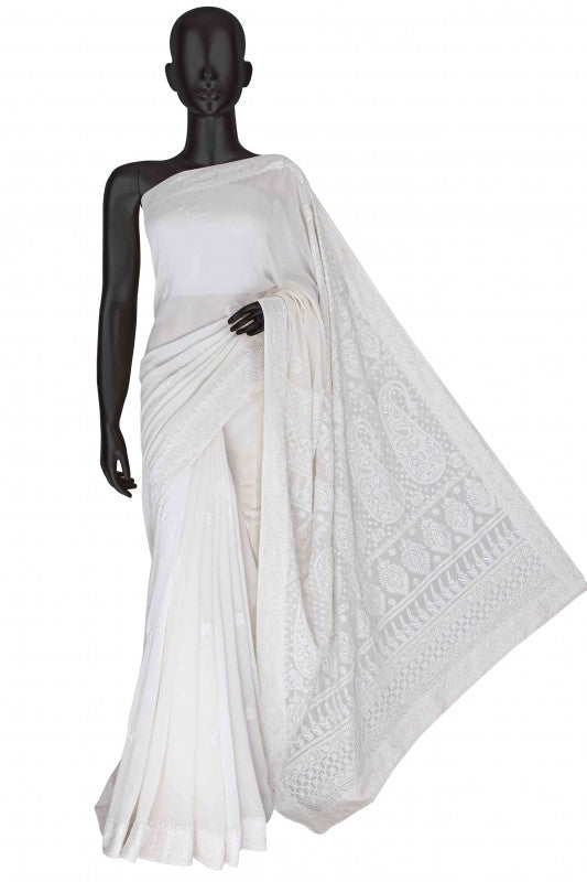 Ada Hand Embroidered White Pure Georgette Lucknow Chikankari Saree With Blouse A342801