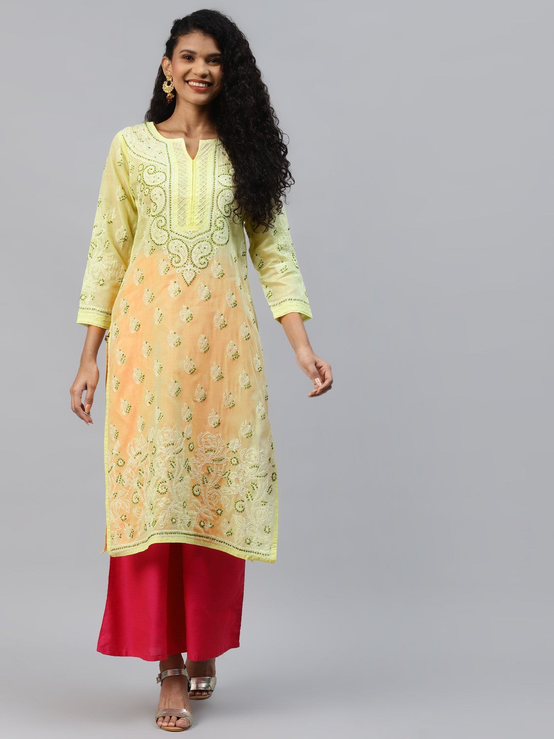 Ada Hand Embroidered Lemon Cotton Lucknowi Chikankari Straight Kurta A221005