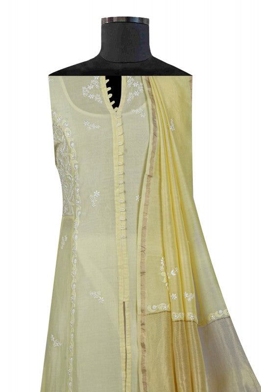 Ada Hand Embroidered Lemon Chanderi Lucknowi Chikankari Semi-Stitched Anarkali Kurta Dupatta Set 01A22105