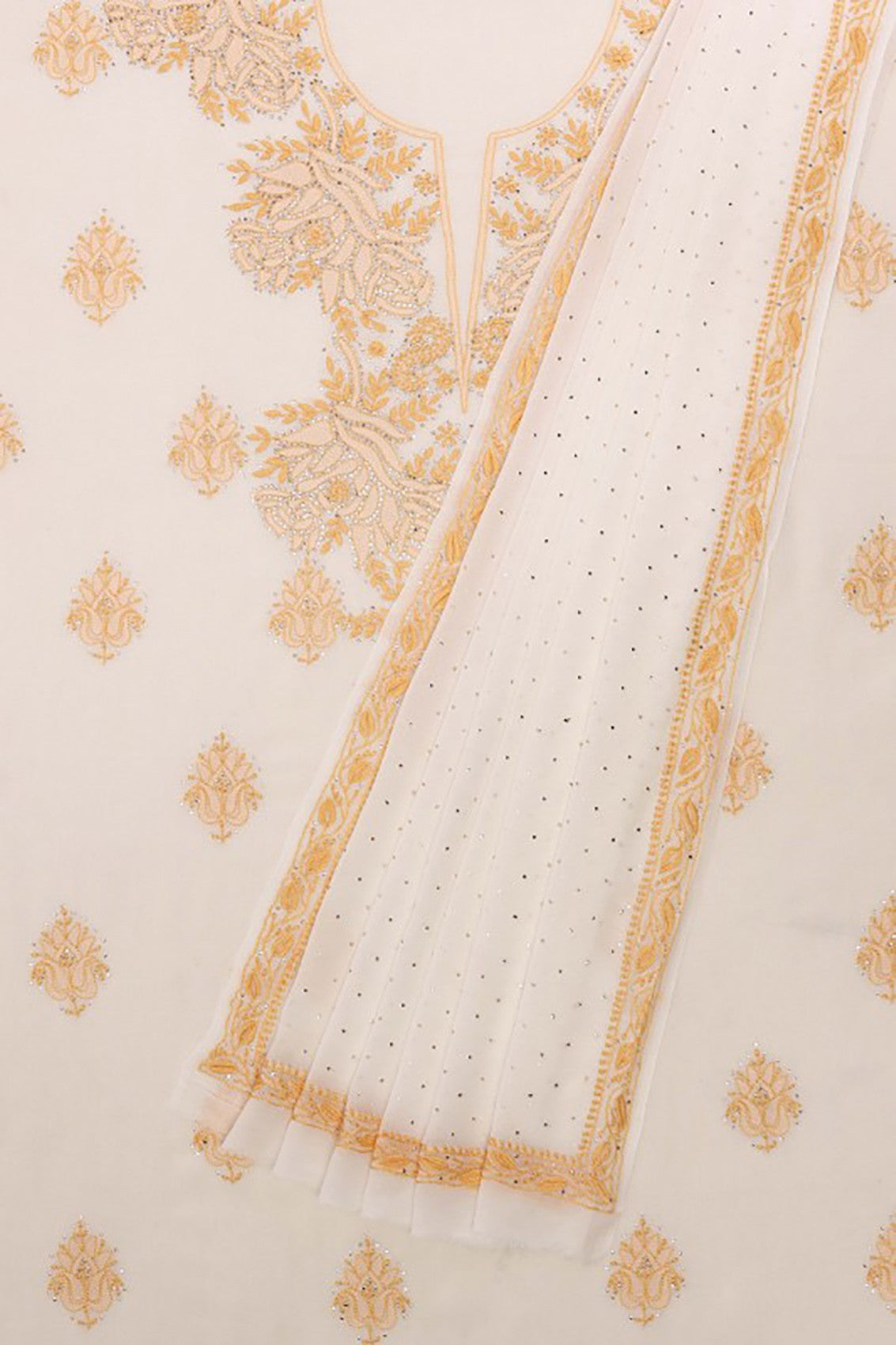 Ada Hand Embroidered White Pure Georegtte Lucknowi Chikankari Unstitched Kurta Dupatta set With Muqaish Work A449855