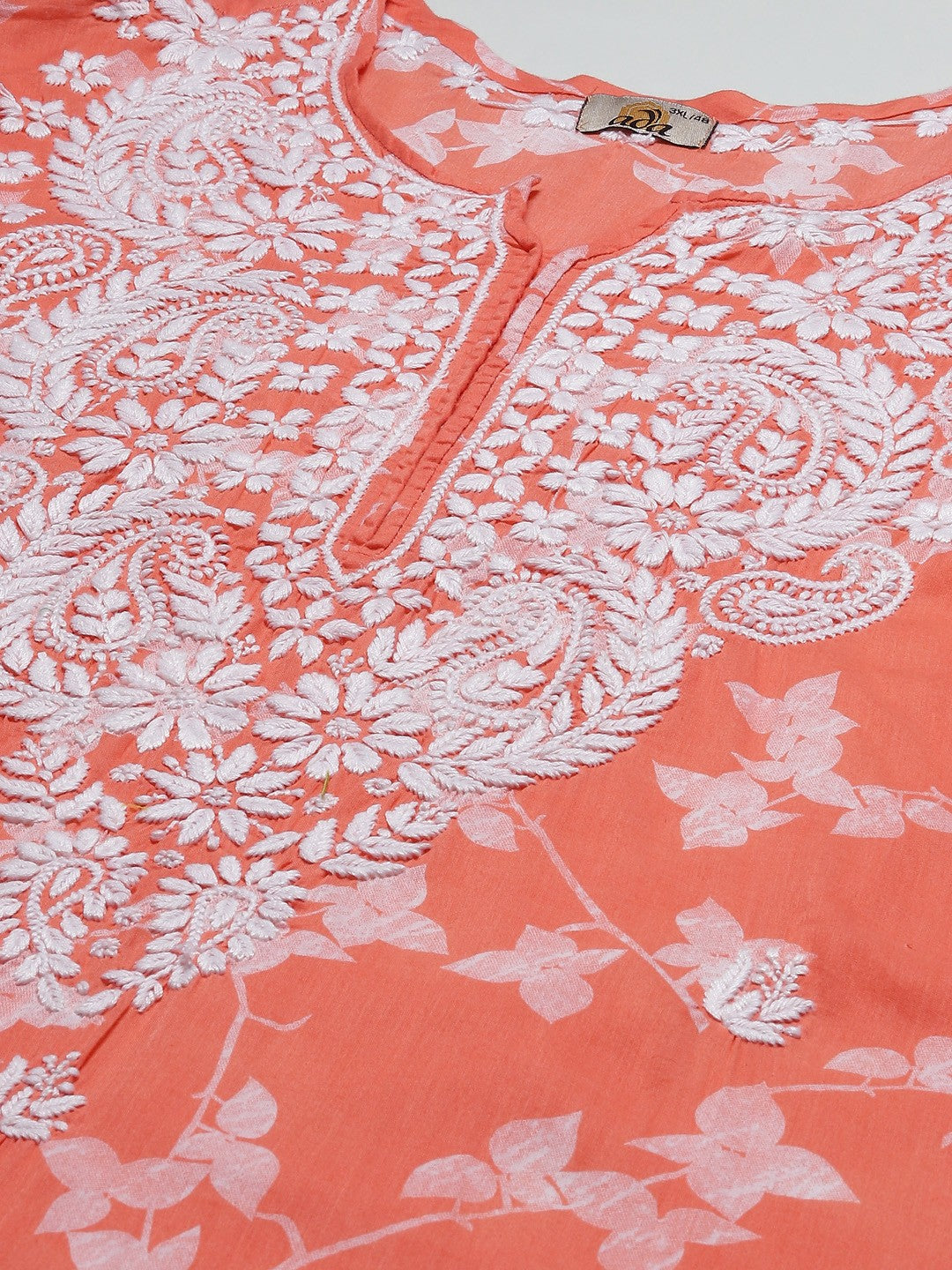 Ada Hand Embroidered Orange Cotton Lucknowi Chikankari Straight Kurta A411265