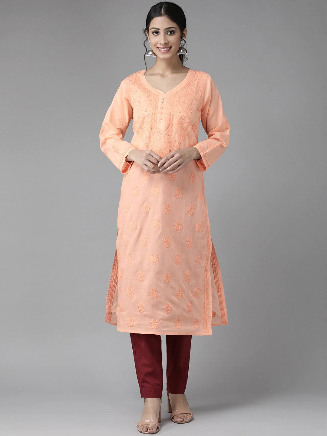 Ada Hand Embroidered Peach Cotton Lucknowi Chikankari Straight Kurta A231406