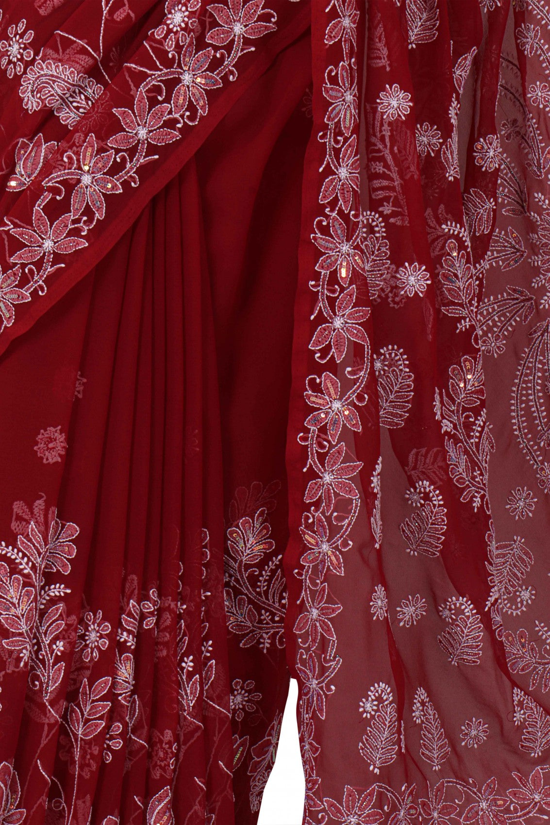 Ada Hand Embroidered Maroon Georgette Lucknowi Chikankari Saree/Blouse With Cutdana Work 01A194048