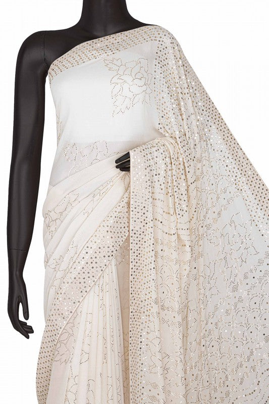 Ada Hand Embroidered White Pure Georgette Lucknowi Chikankari Saree/Blouse with Muqaish Work A444656