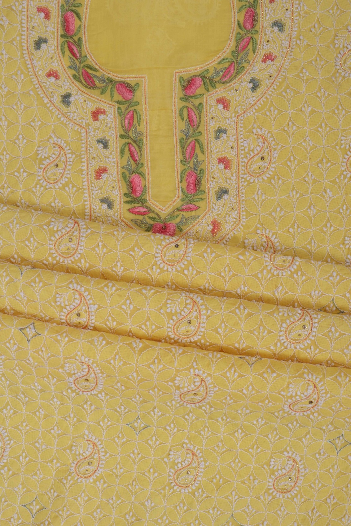 Ada Hand Embroidered Yellow Cotton Lucknowi Chikan Unstitched Suit Piece With Muqaish work 01A204436