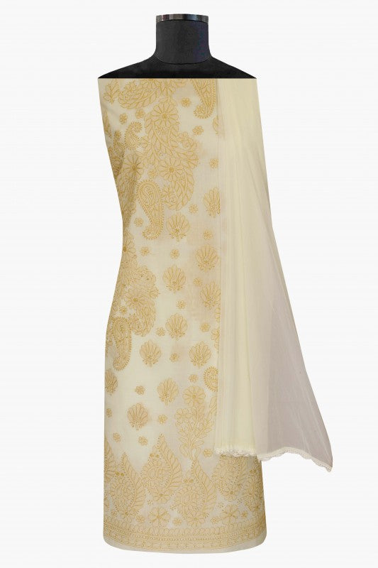 Ada Hand Embroidered Cream Cotton Lucknowi Chikan Unstitched Suit Piece A211126