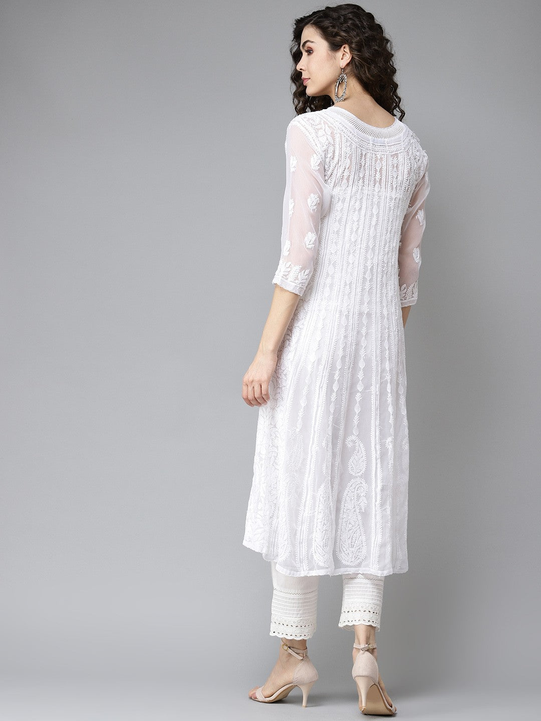 Ada Hand Embroidered White Georgette Lucknowi Chikankari Anarkali A-line Kurta A411205