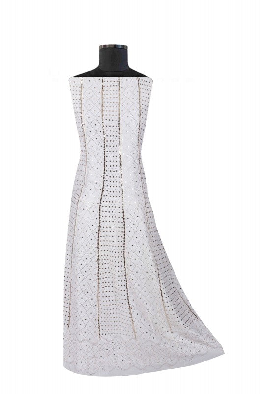 Ada Hand Embroidered White Chanderi Lucknowi Chikankari Semi-Stitched Anarkali Kurta Dupatta Set With Muqaish Work 01A156455