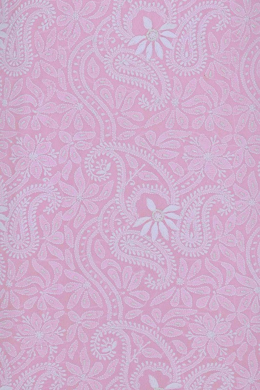 Ada Hand Embroidered Onion Pink Pure Georgette Lucknowi Chikan Unstitched Kurta Dupatta Set with Pearl Work A609230