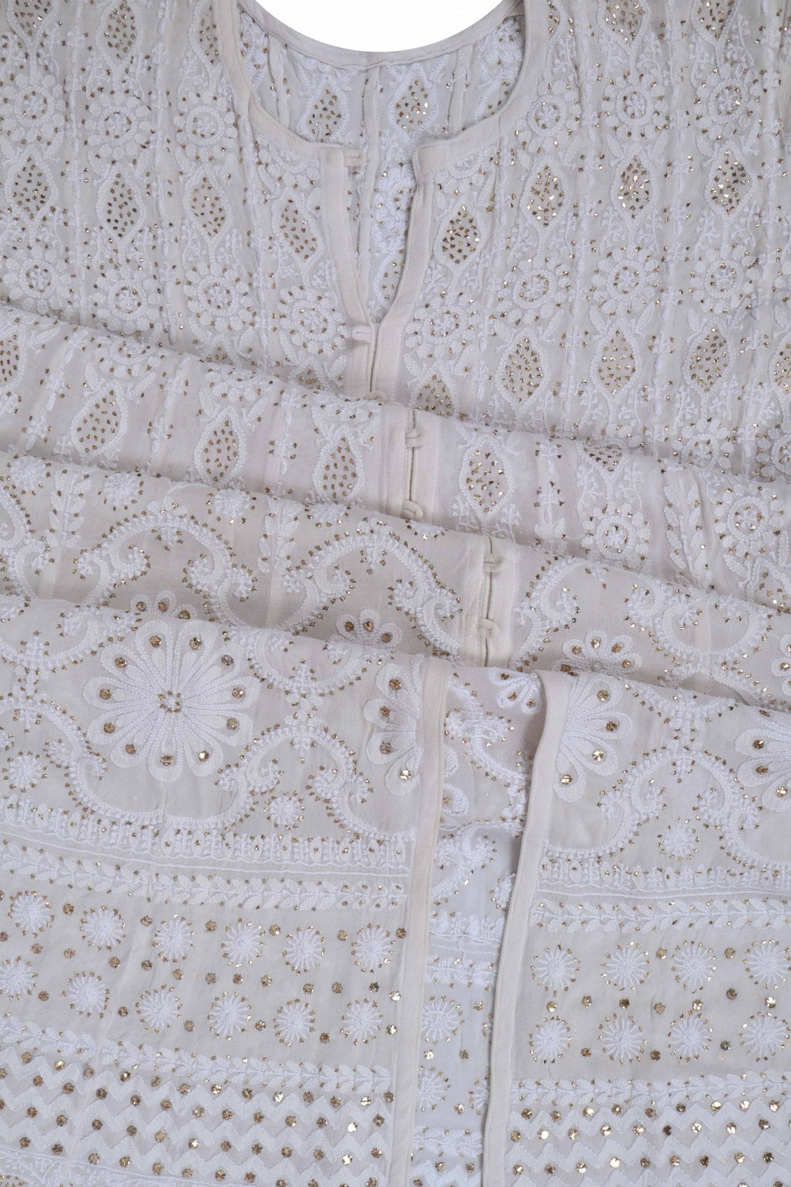 Ada Hand Embroidered Off White Pure Georgette Lucknowi Chikankari Semi-Stitched Anarkali Kurta Dupatta Set With Muqaish Work 01A132506