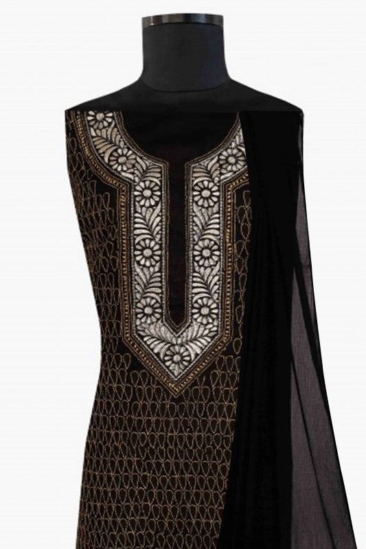 Ada Hand Embroidered Black Cotton Lucknowi Chikan Unstitched Suit Piece A100183