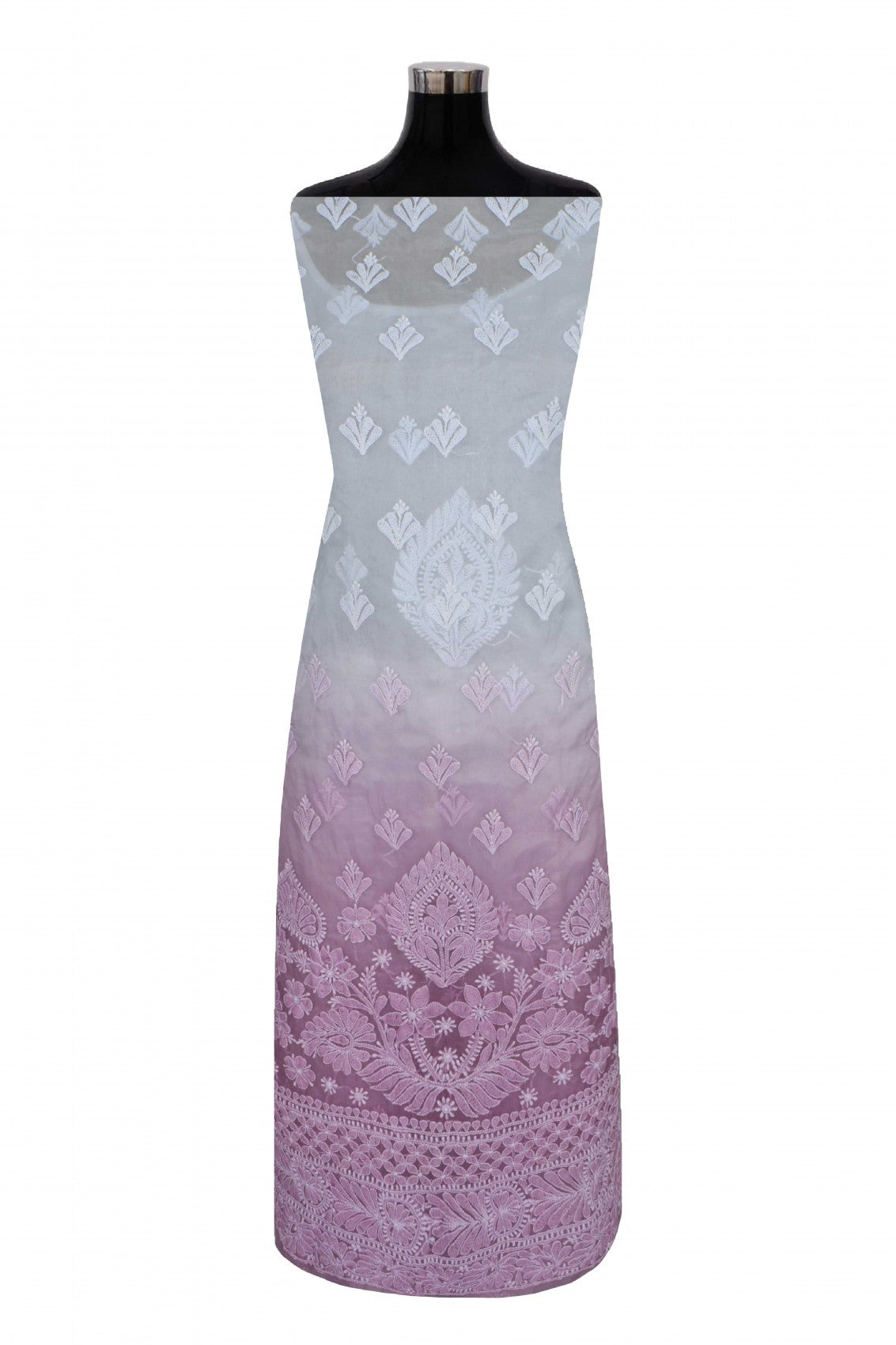 Ada Hand Embroidered Blue And Pink Ombre Shade Organza Lucknowi Chikankari Unstitched Kurta Dupatta Set 01A270924