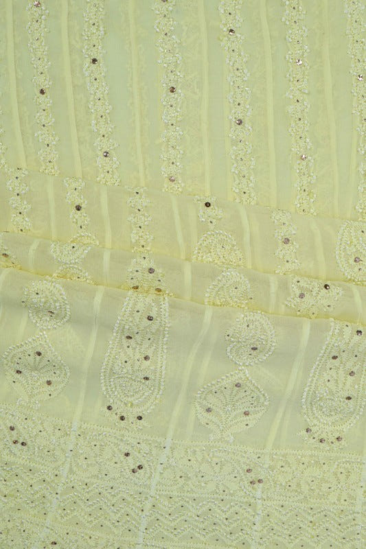 Ada Hand Embroidered Lemon Georgette Lucknowi Chikankari Semi-Stitched Anarkali Kurta Dupatta Set With Muqaish Work A607089