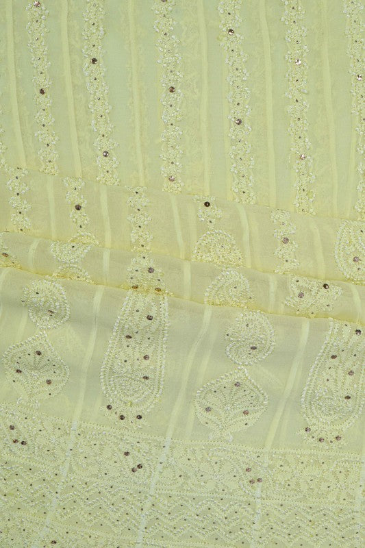 Ada Hand Embroidered Lemon Georgette Lucknowi Chikankari Semi-Stitched Anarkali Kurta Dupatta Set With Muqaish Work A607089