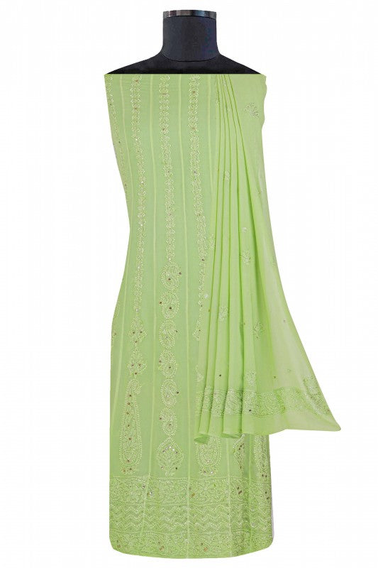Ada Hand Embroidered Pear Green Georgette Lucknowi Chikankari Semi-stitched Anarkali Kurta Dupatta Set With Muqaish Work A619754